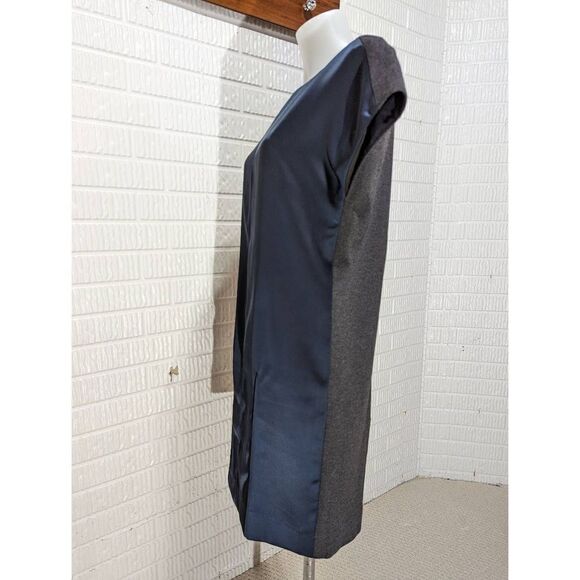 Etcetera Sheath Dress size 2 Navy Blue Satin look front and Gray knit back - Picture 2 of 7
